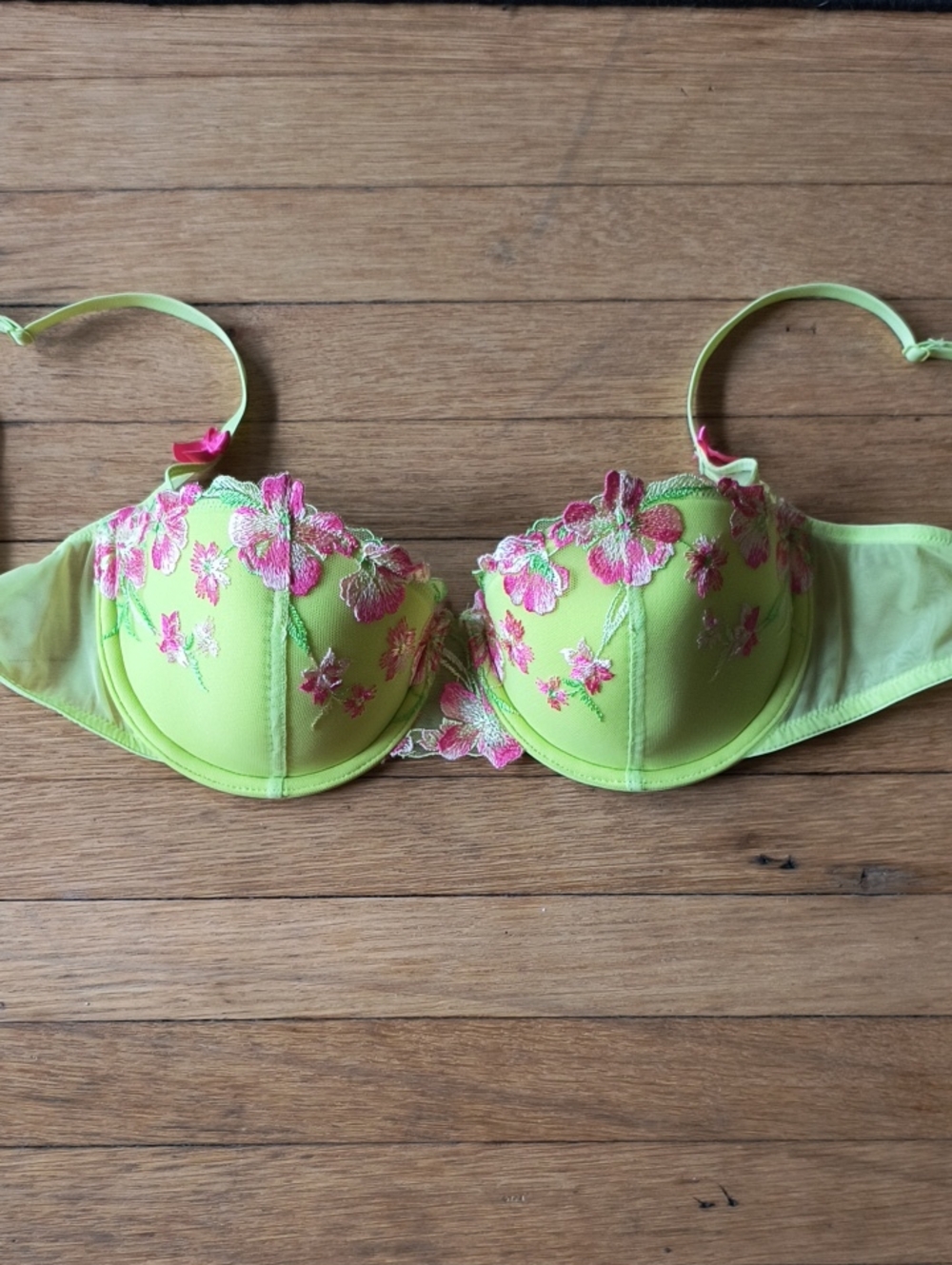 Adore Me Neon Lime/Yellow Bra with Pink Floral Embroidery